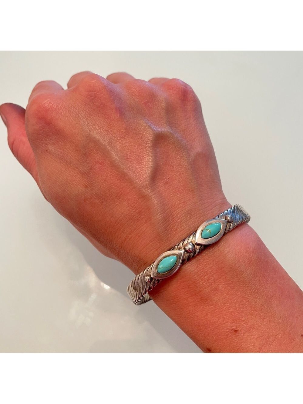 Vintage Mexico Turquoise Cable Design Cuff Bracelet in 925 Sterling Silv… - Picture 4 of 9